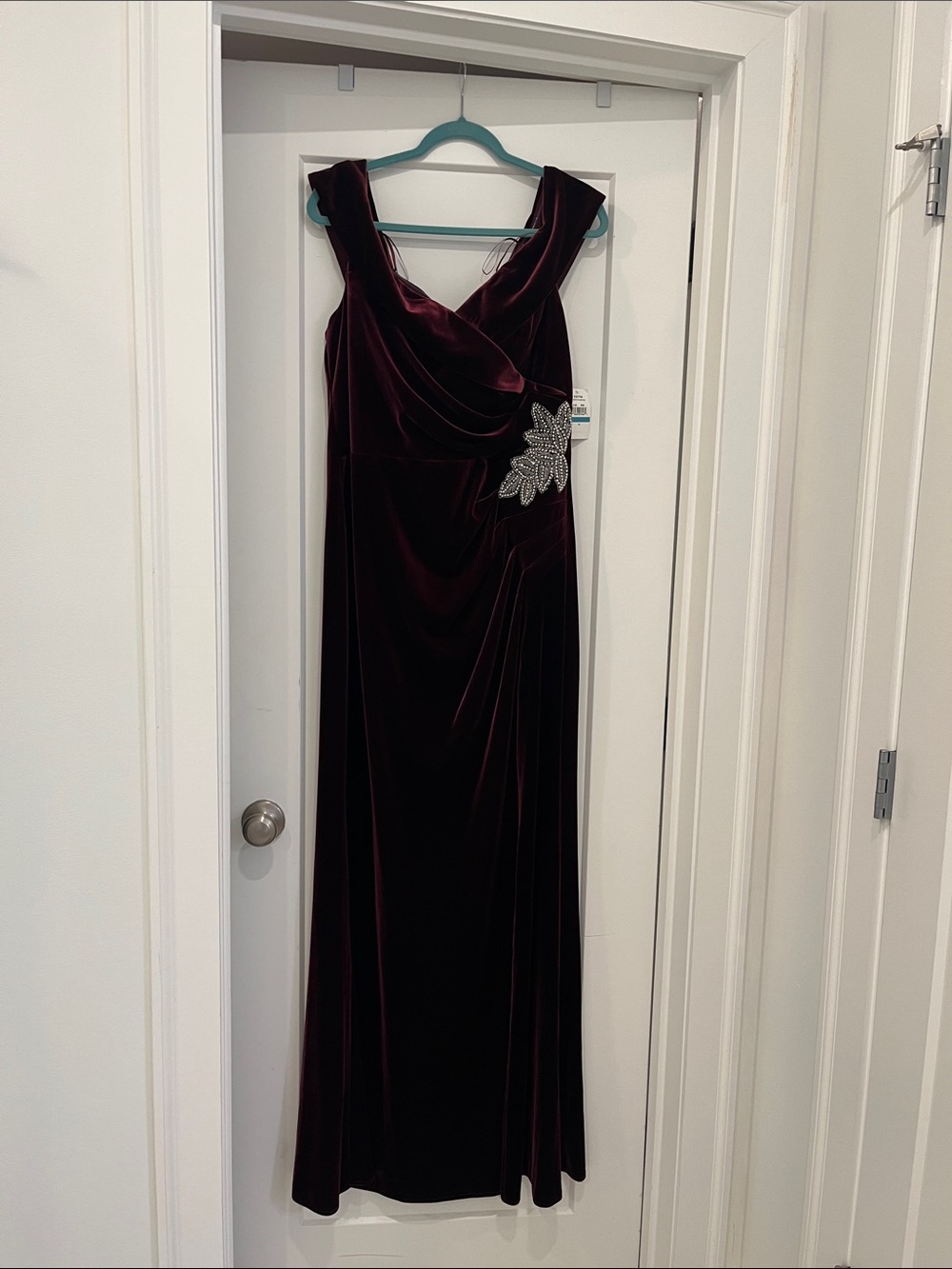 Alex Evenings Deep Burgundy Velvet Maxi Gown with Crystal Applique